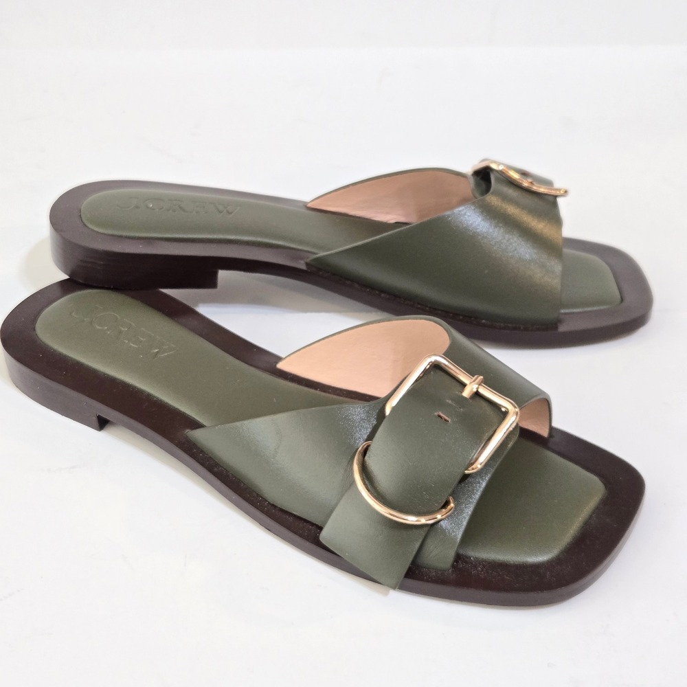 J.Crew Callie Slide Sandals Size 7 olive Green Leather Buckle Square Toe padded